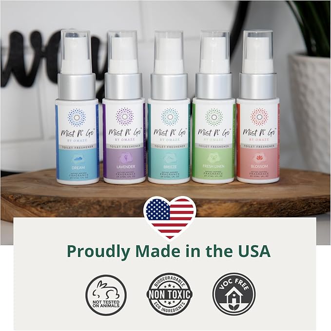 Mist N’ Go by Omaze Travel Bathroom Spray for Toilet Spray Odor Eliminator - Travel Toilet Spray for Bathroom Air Freshener Spray for Bathroom Deodorizer - Breeze Travel Size (1oz x5)