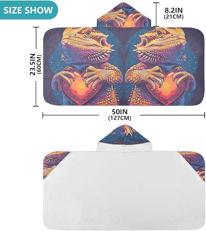 Hooded Towel for Kids Lizards Holding Love Heart Beach Wrap Bath Towels 50x23.5in