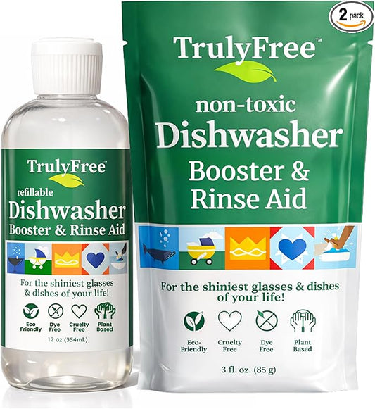 Truly Free Natural Dishwasher Booster & Rinse Aid Kit - Non-Toxic Dishwashing Aid Formula, Removes Residue & Tough Dish Stains, Water Spot Remover - 12 oz Reusable Empty Bottle + One Fill, 3 oz