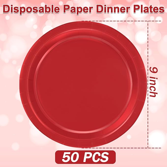 QZYL 50 PCS Paper Plates, Red Heavy Duty Party Plates, Round 9 Inches Disposable Paper Dinner Plates, Everyday Use Plates Set for Daily Meals Wedding Christmas Picnic Supplies
