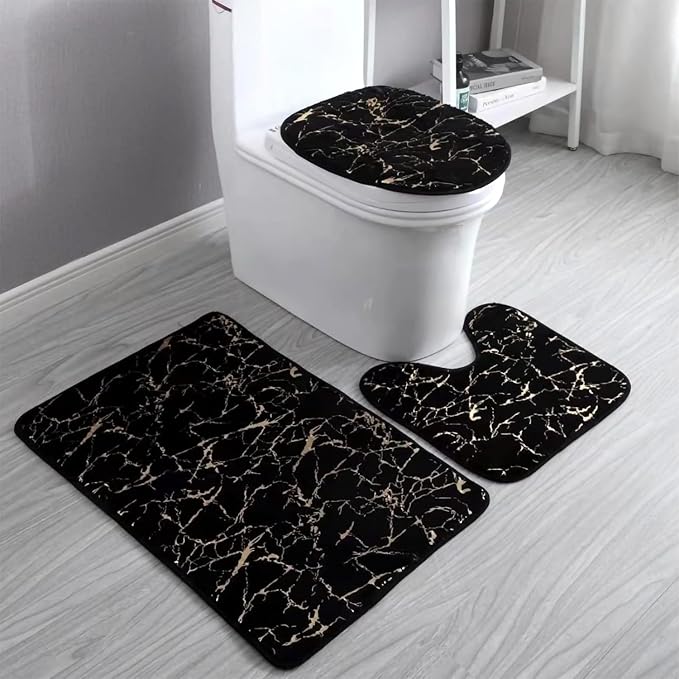 Marble 3-Piece Nonslip Black Gold Bathroom Rugs and Mats Set - Soft, Washable, Water Absorbent Shower Rug with U-Shaped Contour and Toilet Lid Cover