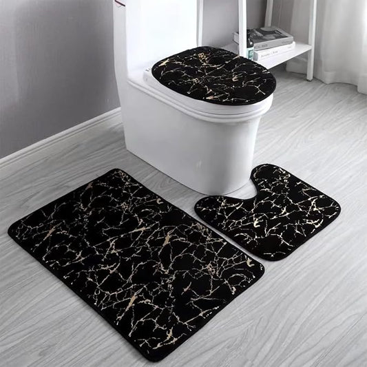 Marble 3-Piece Nonslip Black Gold Bathroom Rugs and Mats Set - Soft, Washable, Water Absorbent Shower Rug with U-Shaped Contour and Toilet Lid Cover