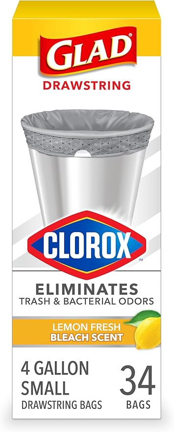 Glad Small Drawstring Trash Bags with Clorox, 4 Gal, Lemon Fresh Bleach, 34 Ct (Package May Vary)