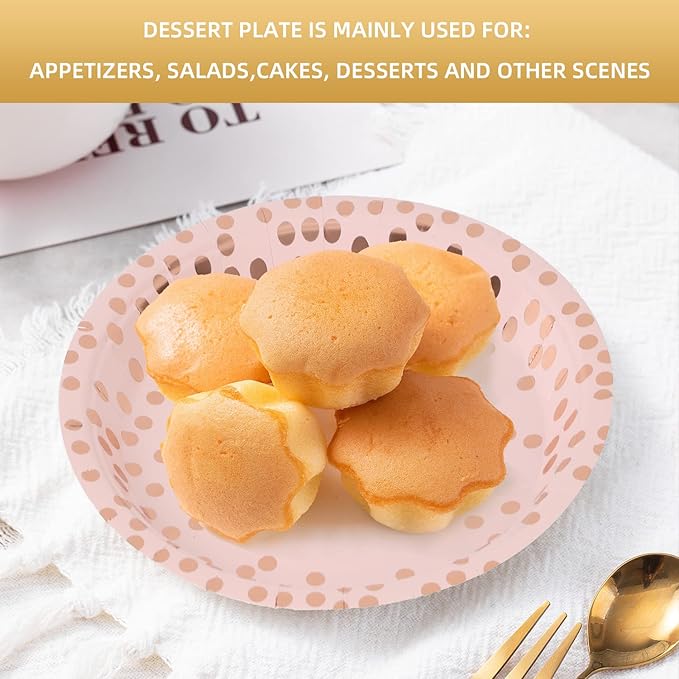 Pink & Rose Gold Dots Party Paper Plates, 50 PCS Disposable Party Supplies Dessert Paper Plates for Birthday Wedding Bridal Shower Supplies (7 inches)