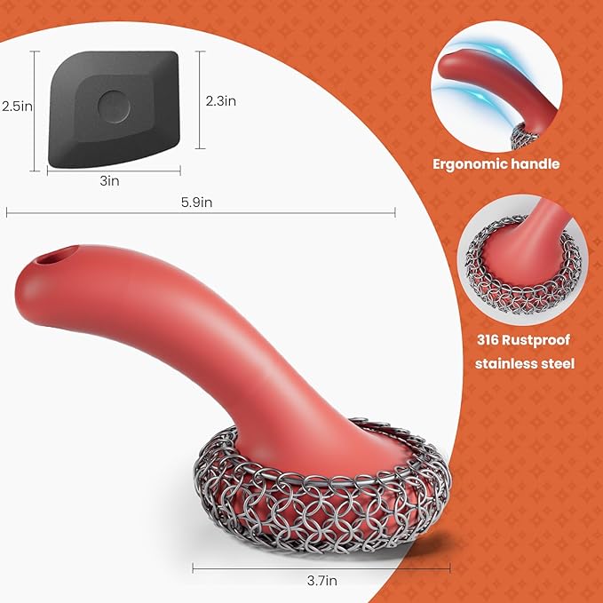 Cast Iron Scrubber with Long Handle | 316 Cast Iron Cleaner Chainmail Scrubber for Cast Iron Pan Skillet Cleaner - Dish Scouring Pad Dishwasher Safe Cleaning Kit (Red, 1 Scrubber + 1 Scraper)