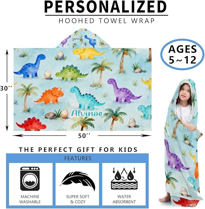 Forest Dinosaur Personalized Hooded Towel Absorbent Wrap Soft Pool Beach Bath Towels Hood Poncho for 5-12 Years Kids Boys Girls