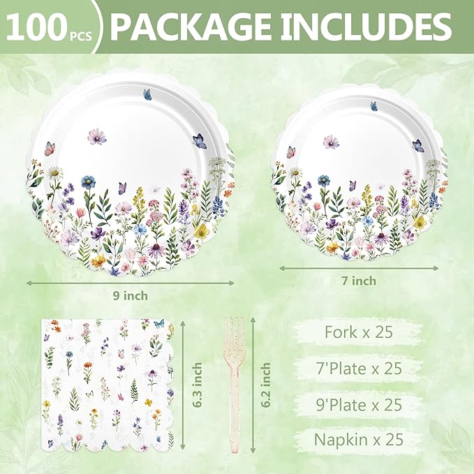 Mulbozy 100 Wildflower Themed Plates and Napkins Disposable Set Includes 25-9" & 25-7" Dessert Cake Scalloped Plates, Cocktail Napkins, Forks for for Holiday Party Supplies