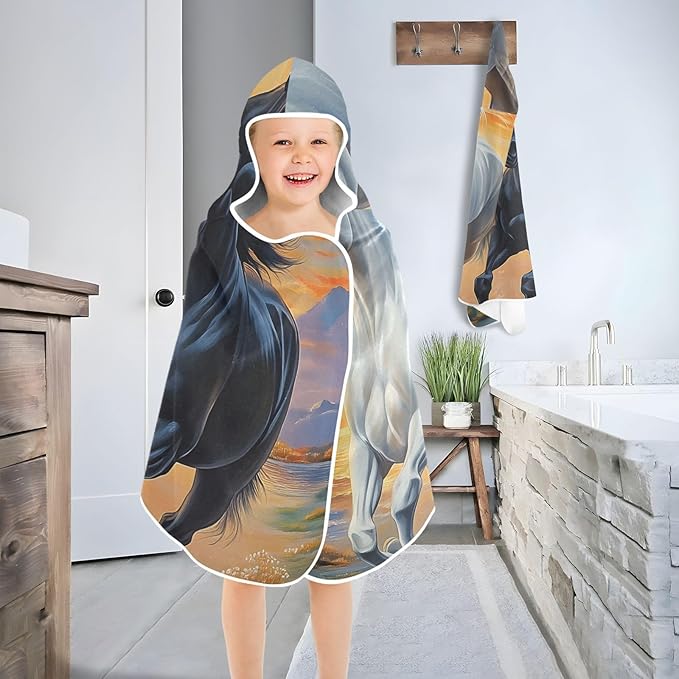SUABO Kids' Bath Towels Two Running Horse Hooded Towels for Boys Girls,Toddler Towels Multi-Purpose for Beach,Pool and Bathroom,23.5" x 50", Soft and Highly Absorbent