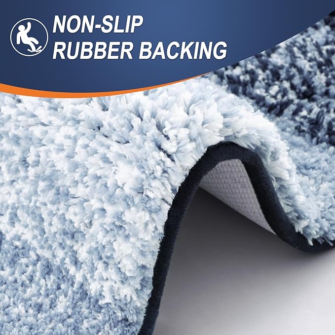OLANLY Bathroom Rugs Sets 3 Piece, Soft Absorbent Microfiber Bath Mats and U-Shaped Contour Toilet Rug, Plush Shaggy Bath Mat Set for Bathroom (47"x20"+24"x16"+24"x20", Dark Blue)