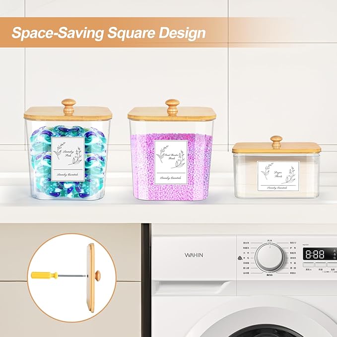 COAZEX 3 Pack Plastic Laundry Pods Container & Dryer Sheet Holder, Laundry Room Organization and Storage Jars with Lids, Scoops & Labels for Detergent, Powder, Scent Booster