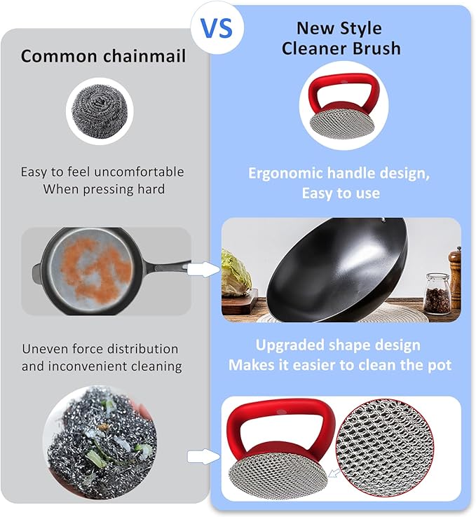 Cast Iron Scrubber with Handle 316L Stainless Steel Chainmail Scrubber for Cast Iron Pan Skillet Cleaner,Skillets and Grills (Blue)
