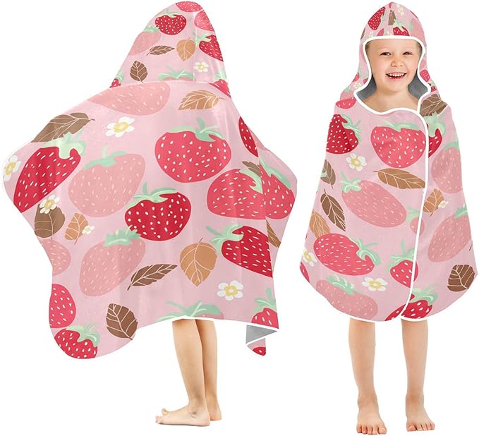 CEBUGI Strawberries Hooded Bath Towel for Kids Absorbent Soft Bath Towel Wrap with Hood 50x23.5in Pool Beach Shower Towel for Boys Girls