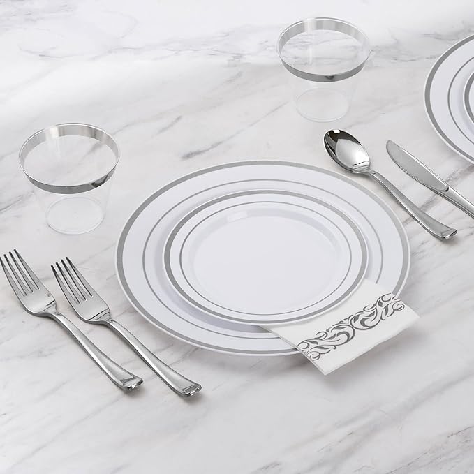 Goodluck 175 Pieces Silver Dinnerware Set for 25 Guests, Plastic Plates Disposable for Party, Include: 25 Silver Dinner Plates, 25 Dessert Plates, 25 Paper Napkins, 25 Cups, 25 Silverware Set