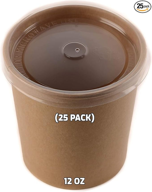 [25 Pack] 12 oz Disposable Kraft Paper Soup Containers with Plastic LIDS - Half Pint Ice Cream Containers, Frozen Yogurt Cups, Restaurant, Microwavable, Take Out, Food Storage, Recyclable