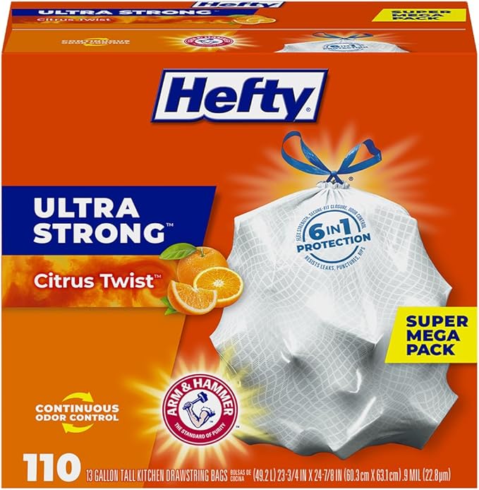 Hefty Ultra Strong 13 Gallon Trash Bags, Tall Kitchen Trash Bags 13 Gallon Size, Drawstring Closure, Continuous Odor Control, White, Citrus Twist Scent, 110 Bags