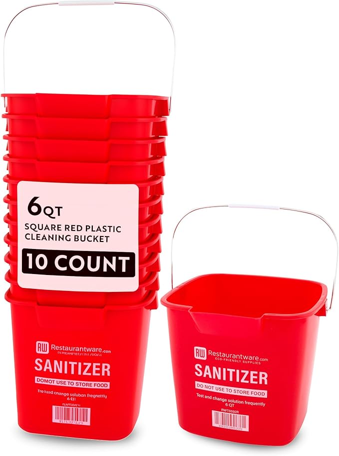 Restaurantware RW Clean 6 Quart Cleaning Buckets 10 Detergent Square Buckets - With Measurements Built-In Spout And Handle Red Plastic Utility Buckets For Home Or Commercial Use