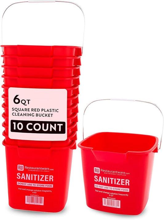 Restaurantware RW Clean 6 Quart Cleaning Buckets 10 Detergent Square Buckets - With Measurements Built-In Spout And Handle Red Plastic Utility Buckets For Home Or Commercial Use