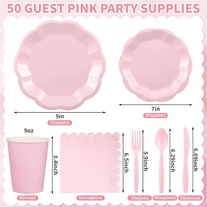 NatNarr 350 Pcs Pink Paper Plates and Napkins Set Include 9" Dinner Plates, 7" Dessert Plate Disposable Scalloped Tableware Serve 50 Guest for Wedding Baby Bridal Shower Birthday
