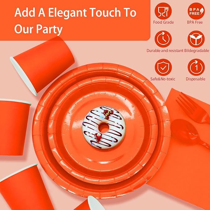 Orange Paper Plates Party Supplies,168pcs Orange Plates and Napkins Party Supplies for Halloween Thanksgiving Fall Orangee Birthday Decorations for Women Serve 24