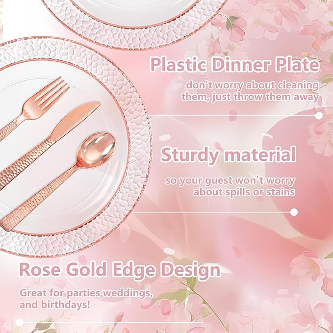 Ciaell 150PCS Rose Gold Plastic Plates – Disposable Plates with Rose Gold Plastic Silverware include 50Plates, 25Forks, 25Knives, 25Spoons, 25Cups for Wedding & Party