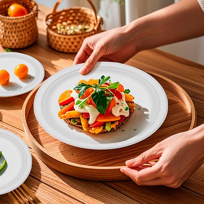RACETOP 10 Inch [125 Pack] Paper Plates, Compostable Disposable White Bagasse Plate, Heavy-Duty Biodegradable Plates, Eco-Friendly, Made of Natural Sugarcane Fibers