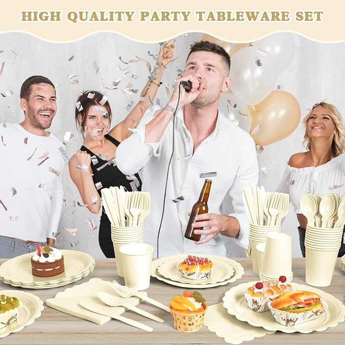 Vyntra 175 Pcs Ivory Disposable Paper Plates and Napkins Set for 25, 9" Dinner Plates & 7" Dessert Plates, Tableware for Wedding, Bridal Shower, Anniversary, Party