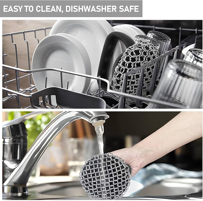 Cast Iron Scrubber 316L Chainmail Cleaner for Pans, Frying Pans & Grills, Ergonomic Handle &Large Panel for Cleaning Cast Iron