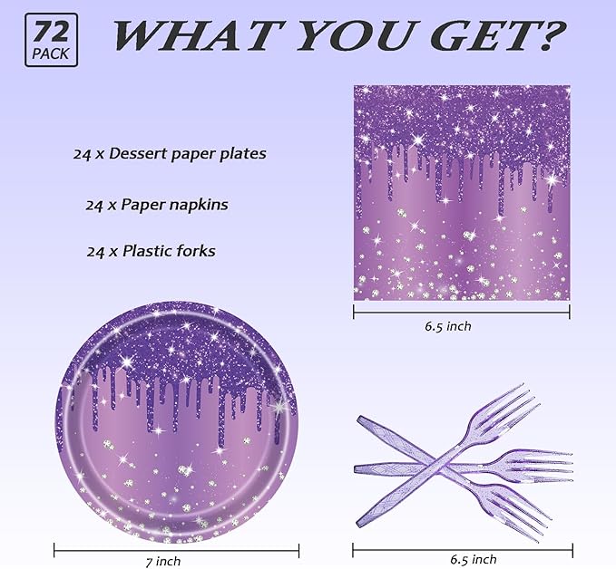 72 Pcs Purple Glitter Paper Plates 7in Disposable Paper Dessert Plates Napkins and Forks Party Tableware Set Happy Birthday Table Decorations for 24 Guests Purple Birthday Wedding Theme Party