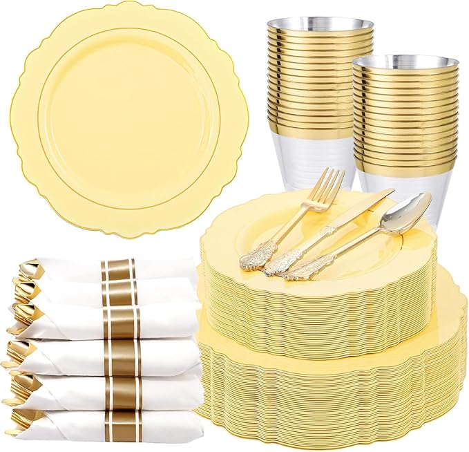 Liacere 350PCS Yellow Plates - Yellow Disposable Plastic Plates With Gold Rim-50Guest Plastic Dinnerware include 100 Plates,50 Pack Pre Rolled Napkins with Silverware 50Cups for Wedding＆Mother's Day