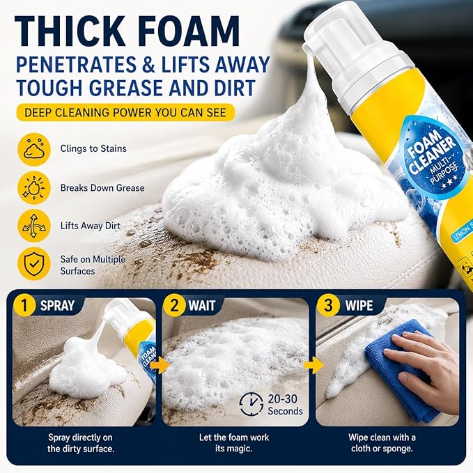 Multi-Enzyme Foam Cleaner Spray (5oz), Deep Cleaning No-Rinse Multi-Surface Foam for Car Interior, Sofa, Kitchen & Bathroom, Lemon Scent (2)