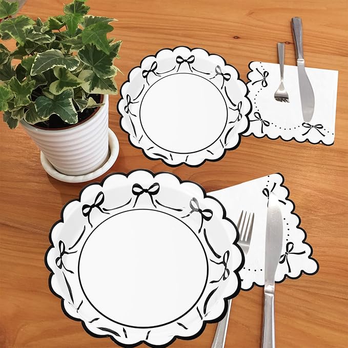 JarThenaAMCS 175 Pcs Black Bow Party Supplies Kit Scalloped Bowknot Tableware Set Disposable Dinnerware Paper Napkin Plate Cup Spoon Fork Knife for 25 Guests Party Favor