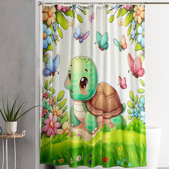 AILONEN Cute Cartoon Sea Turtle Shower Curtain,Kawaii Sea Turtle with Butterfly Bath Curtain for Kids,Boys,Girls,Colorful Flowers Waterproof Fabric Shower Curtain Set with Hooks,72" W*72" H