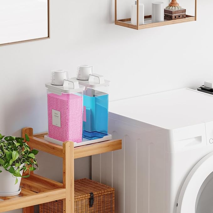 77.8OZ Laundry Detergent Dispenser Container, 2 Pack Liquid Laundry Dispenser, Plastic Detergent Dispensers for Laundry Room/Powder/Fabric Softener with Labels/Tray, Clear