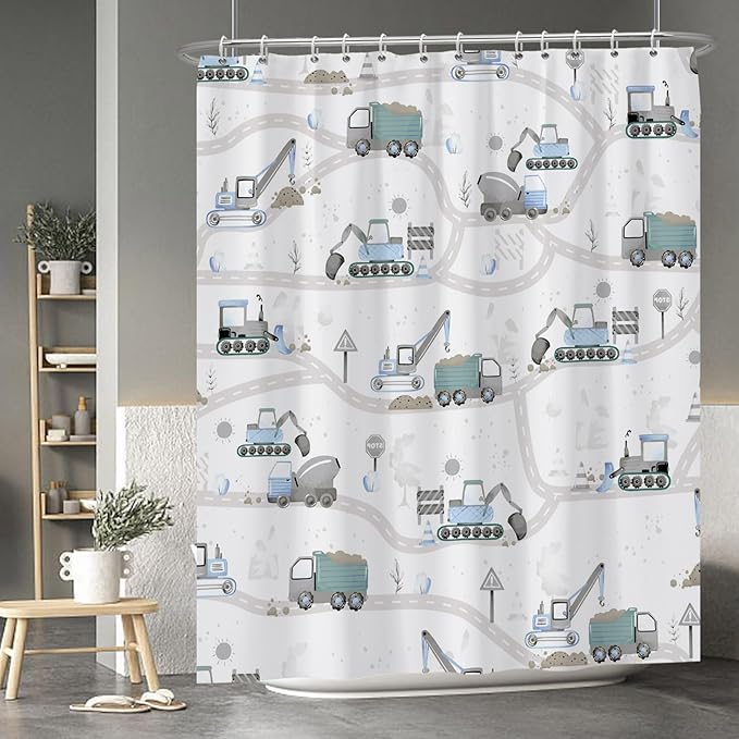 Excavator Kids Shower Curtain Sets Cartoon Construction Truck Tractor Car Bathroom Decor Fabric Polyester Waterproof 72x84 Inches with 12 Hooks for Boys Machinery Vehicle Bath Curtains