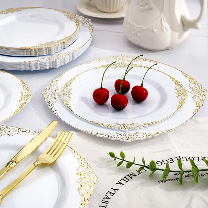 Realluck 350 PCS White and Gold Plastic Plates, Plastic Dinnerware Set for 50 Guests, 100 Disposable Plates, 150 Silverwares, 50 Cups, 50 Napkins for Party, Wedding, Graduation