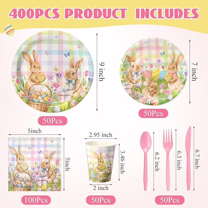 Pickmesh 400 Pcs Bunny Plates and Napkins Set, Bunny Party Decoration with Disposable Paper Plates, Napkins, Cups and Cutlery, Spring Rabbit Party Supplies, Serve 50 Guests