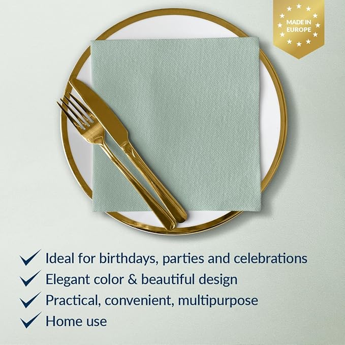 PAW - 50 Pieces Linen-Feel Paper Napkins 16" x 16", Disposable Cloth-Like Napkins Gold, Light Green Dinner Napkins for Party, Wedding, Christmas