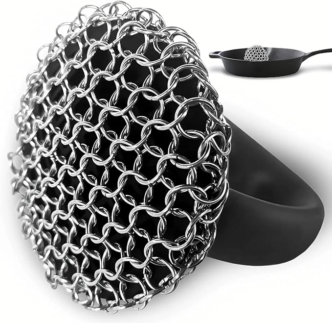 Cast Iron Scrubber 316L Chainmail Cleaner for Pans, Frying Pans & Grills, Ergonomic Handle &Large Panel for Cleaning Cast Iron