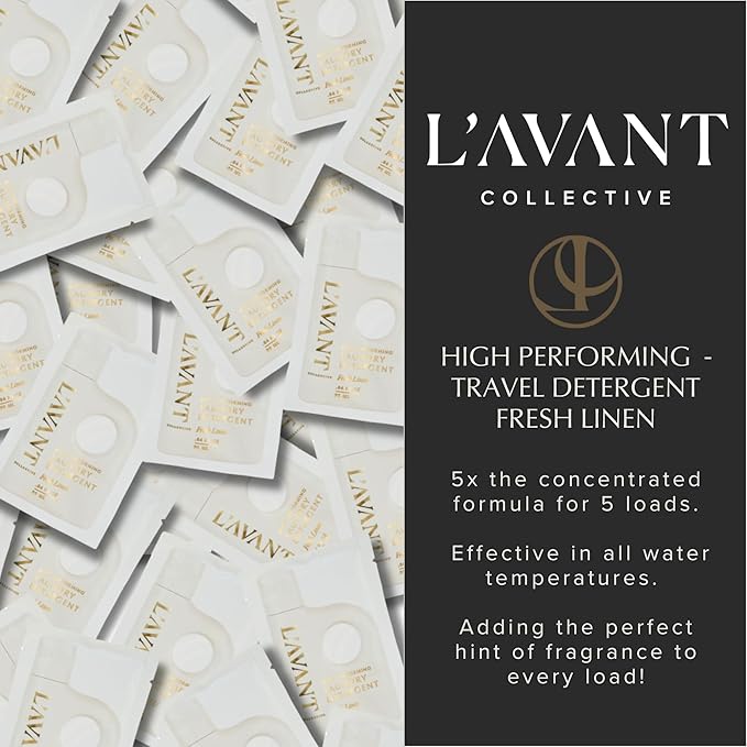 L'AVANT Collective Luxury Travel Laundry Detergent | Fresh Linen | Non-Toxic Concentrated Liquid Laundry Soap Packets | Plant-Based, HE Compatible, Travel Size, Gym, Camping & Rentals | Set of 5