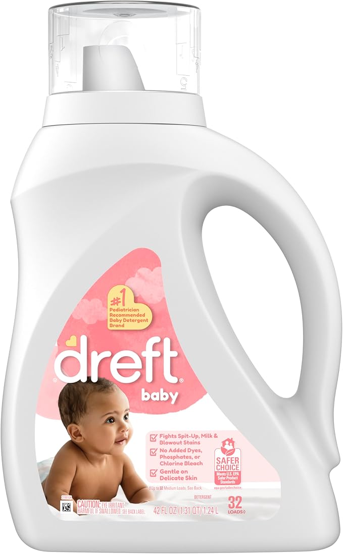 Dreft Baby Liquid Laundry Detergent, Gentle on Sensitive Skin Laundry Soap, 42 fl oz, 32 Loads, Pack of 2 (Packaging May Vary)
