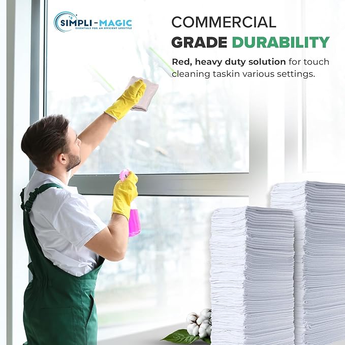 Simpli-Magic Cotton Shop Towels 14"x12" (100 Pack) – Reusable Cleaning Shop Rags for Automobiles, Industries, Garage and Homes (White)