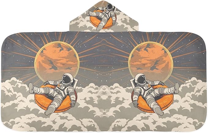 Hooded Towel for Kids Astronaut Sitting in Orange Cushion Floating in The Sky at Sunset Beach Wrap Bath Towels 50x23.5in