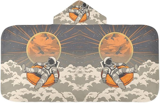Hooded Towel for Kids Astronaut Sitting in Orange Cushion Floating in The Sky at Sunset Beach Wrap Bath Towels 50x23.5in