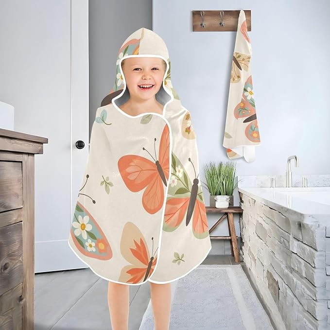 SUABO Kids' Bath Towels Butterfly with Flower Hooded Towels for Boys Girls,Toddler Towels Multi-Purpose for Beach,Pool and Bathroom,23.5" x 50", Soft and Highly Absorbent