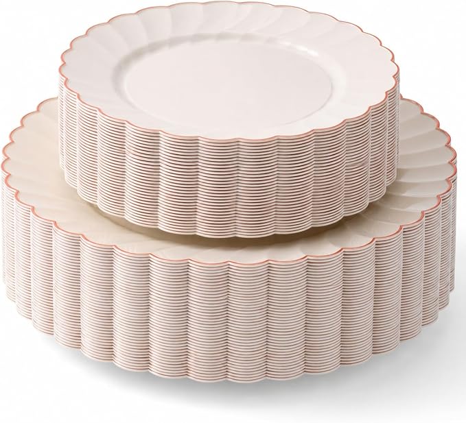 By Madee HEAVYWEIGHT 60 Pc Ivory Scalloped Plastic Plates with Rose Gold Trim | 30 Dinner & 30 Dessert Fancy Disposable Plates | Perfect for Weddings Bridal Showers or Any Special Moments (30 Guests)