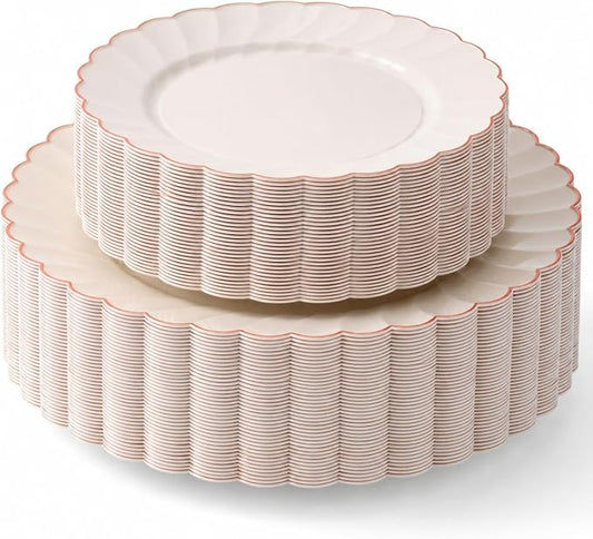 By Madee HEAVYWEIGHT 60 Pc Ivory Scalloped Plastic Plates with Rose Gold Trim | 30 Dinner & 30 Dessert Fancy Disposable Plates | Perfect for Weddings Bridal Showers or Any Special Moments (30 Guests)