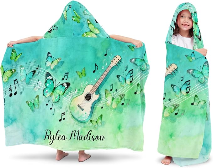 Music Guitar Butterfly Personalized Hooded Towel Absorbent Wrap Soft Pool Beach Bath Towels Hood Poncho for 5-12 Years Kids Boys Girls