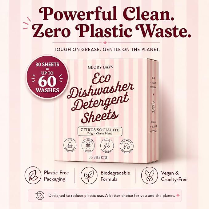 Glory Days Dishwasher Sheets – Citrus Socialite | Eco Friendly, Clean Dishwasher Detergent | Dual Enzyme, Plastic-Free, Vegan | 30 Count
