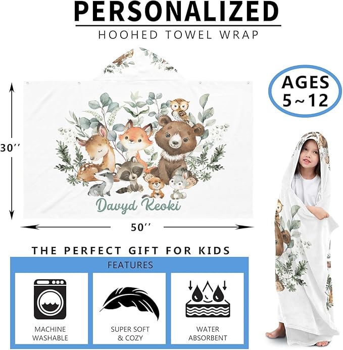 Greenery Woodland Animal Personalized Kids Hooded Towel with Name Soft Absorbent Beach Pool Bath Towels Hood Poncho for Boys Girls