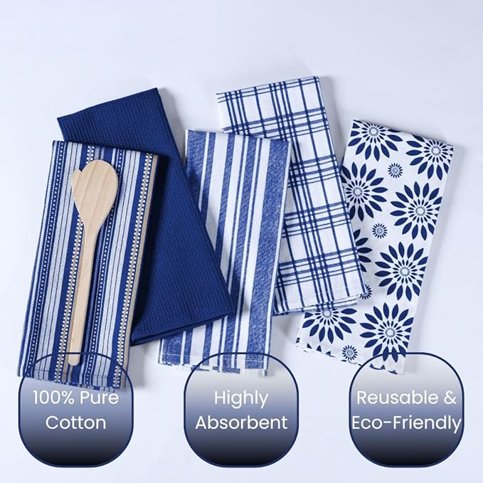 Assorted Kitchen Towels Large 16x26 inch 100% Cotton Set of 5 - Soft Absorbent Washable Tea Towel for Kitchen - Dish Cloths Towel with Hanging Loop - Quick Drying Dish Towels Blue